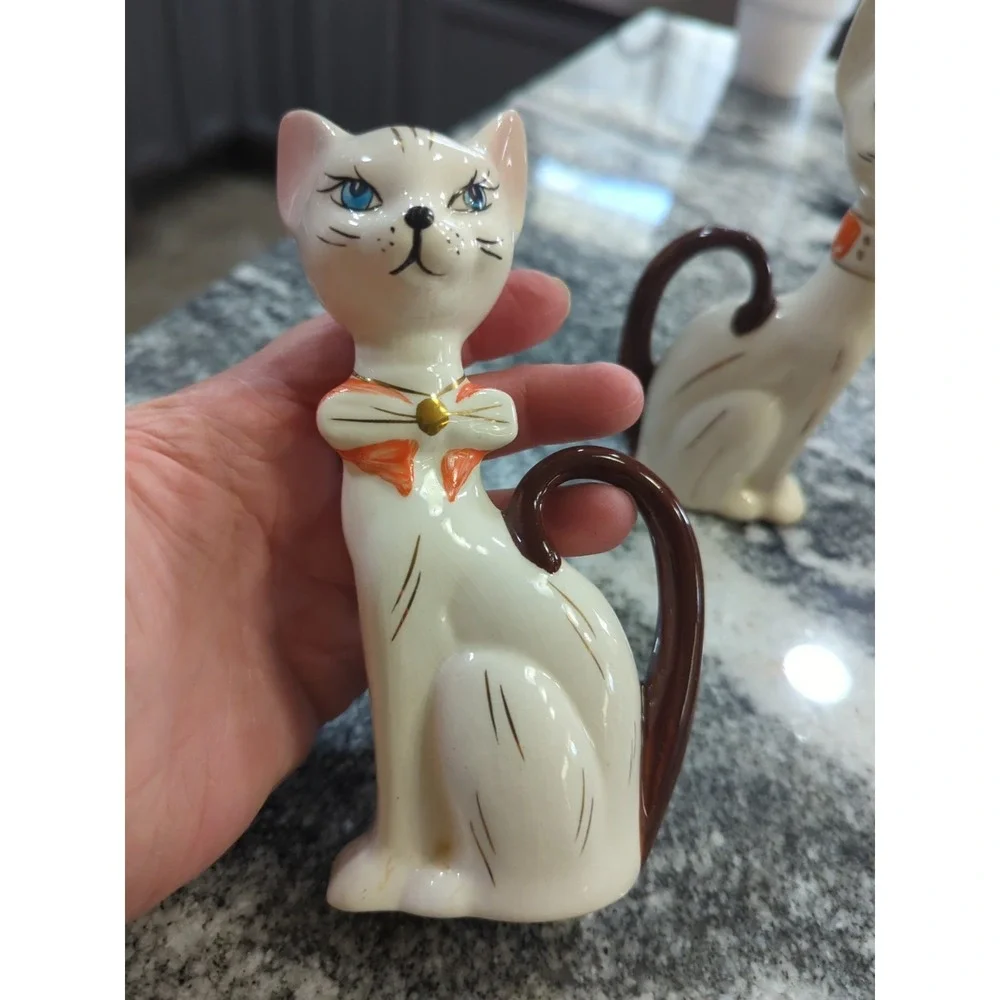 Vintage MCM Pair of Porcelain Cats Kitties Blue Eyes Tall Kitchy Long Tails